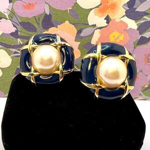 Navy Gold and Pearl Oversized Round CLIP Earrings